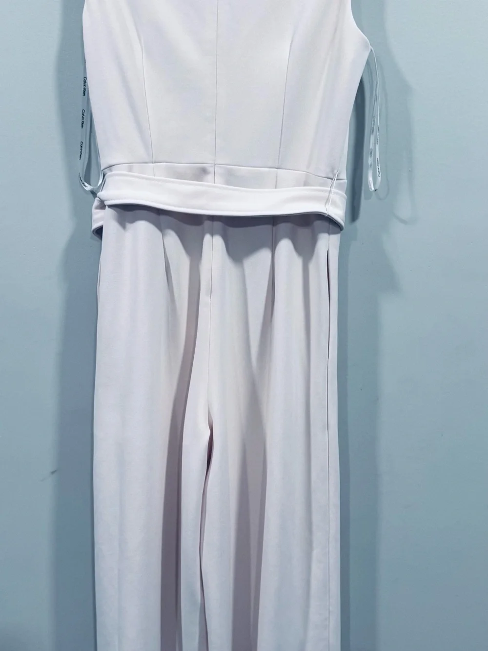 Calvin Klein Size 6 Ivory Cream Wide Leg Belted Jumpsuit Sleeveless V-Neck Basic - Picture 6 of 11